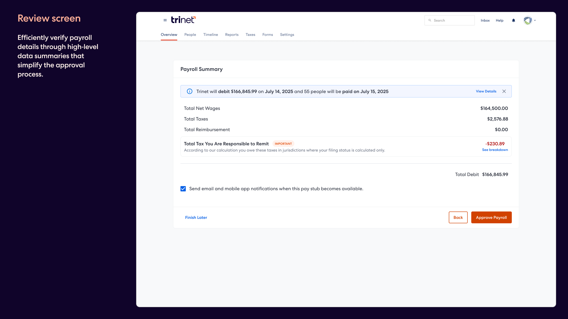 Payroll summary – total wages, taxes, debit amount, and approval